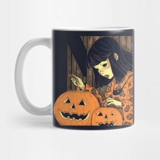 Halloween Girl looking at Pumpkin Mug